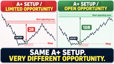 Asymmetric trading comparison showing an A+ setup with limited 2R potential versus an A+ setup with 10R potential.