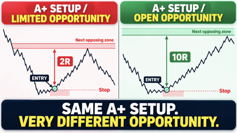 Asymmetric trading comparison showing an A+ setup with limited 2R potential versus an A+ setup with 10R potential.